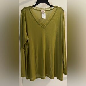 NWT LOGO by Lori Goldstein Olive Green Lace Trim Blouse